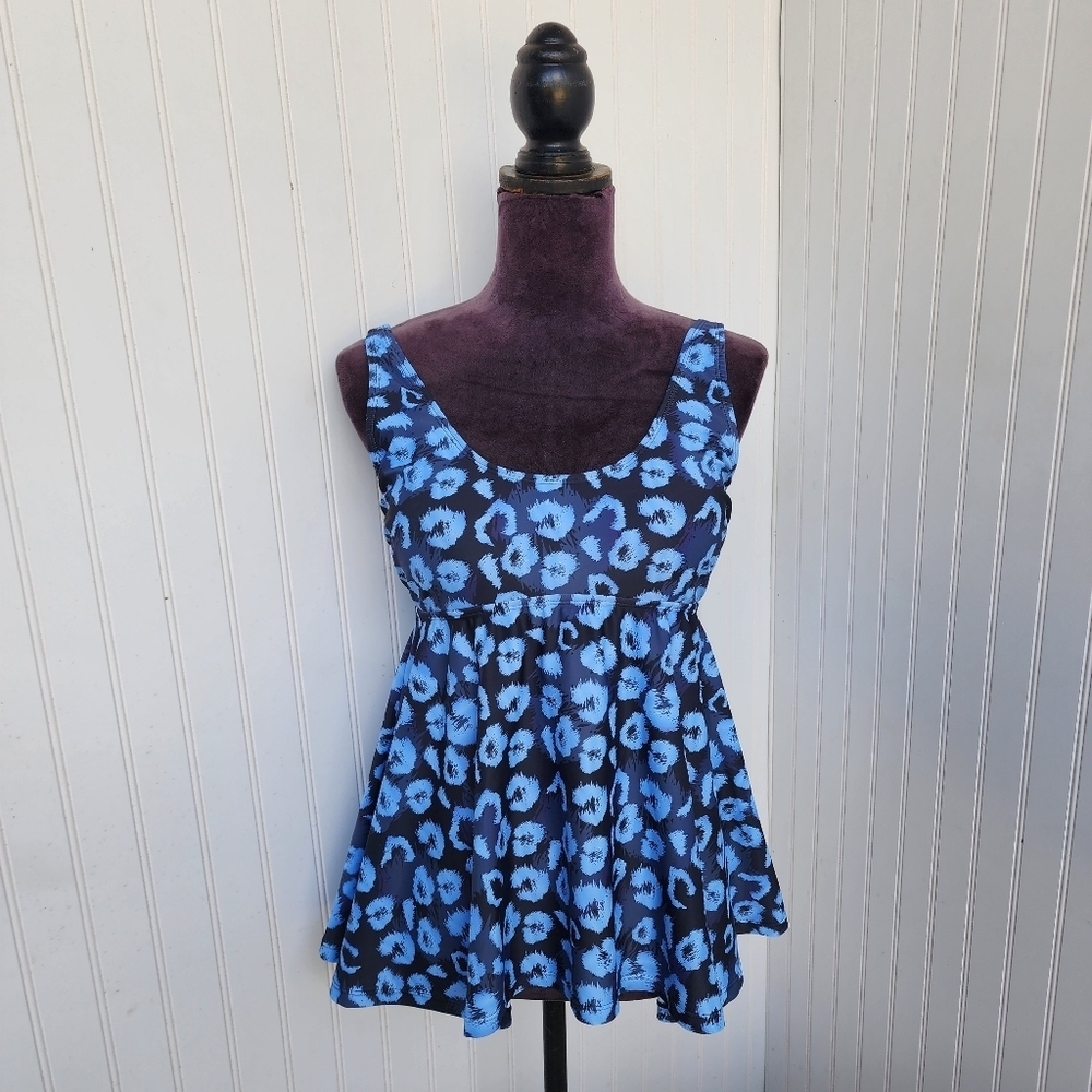 NWOT NOON SWIM Womens 1pc Swimsuit Top Tankini Peplum Blue Print Strap Sz 10